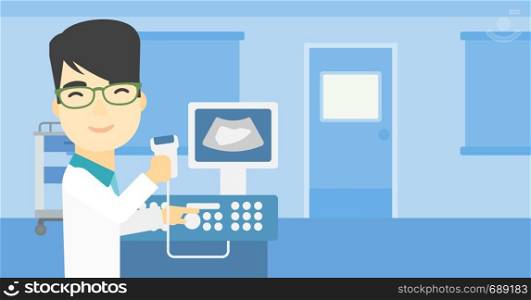 An asian young male doctor with ultrasound scanner in the hands. Male doctor working on modern ultrasound equipment at medical office. Vector flat design illustration. Horizontal layout.. Male ultrasound doctor vector illustration.