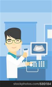 An asian young male doctor with ultrasound scanner in the hands. Male doctor working on modern ultrasound equipment at medical office. Vector flat design illustration. Vertical layout.. Male ultrasound doctor vector illustration.