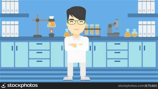 An asian young male laboratory assistant standing on the background of laboratory vector flat design illustration. Horizontal layout.. Male laboratory assistant vector illustration.