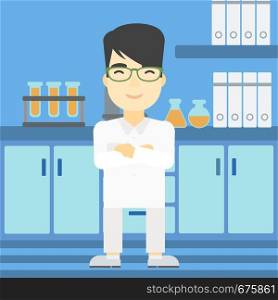 An asian young male laboratory assistant standing on the background of laboratory vector flat design illustration. Square layout.. Male laboratory assistant vector illustration.