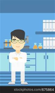 An asian young male laboratory assistant standing on the background of laboratory vector flat design illustration. Vertical layout.. Male laboratory assistant vector illustration.