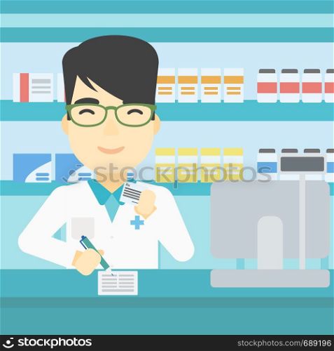 An asian young male pharmacist writing on clipboard and holding prescription in hand. Pharmacist in medical gown standing at pharmacy counter. Vector flat design illustration. Square layout.. Pharmacist writing prescription.