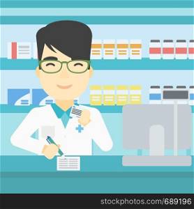 An asian young male pharmacist writing on clipboard and holding prescription in hand. Pharmacist in medical gown standing at pharmacy counter. Vector flat design illustration. Square layout.. Pharmacist writing prescription.