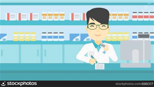 An asian young male pharmacist writing on clipboard and holding prescription in hand. Pharmacist in medical gown standing at pharmacy counter. Vector flat design illustration. Horizontal layout.. Pharmacist writing prescription.