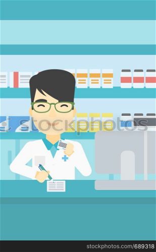 An asian young male pharmacist writing on clipboard and holding prescription in hand. Pharmacist in medical gown standing at pharmacy counter. Vector flat design illustration. Vertical layout.. Pharmacist writing prescription.