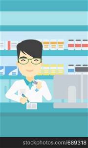 An asian young male pharmacist writing on clipboard and holding prescription in hand. Pharmacist in medical gown standing at pharmacy counter. Vector flat design illustration. Vertical layout.. Pharmacist writing prescription.
