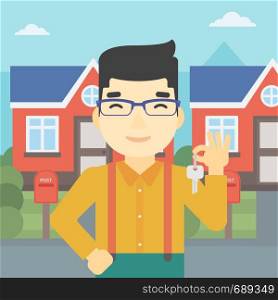 An asian young male real estate agent holding key. Man with keys standing in front of the house. Happy new owner of a house. Vector flat design illustration. Square layout.. Real estate agent with key vector illustration.