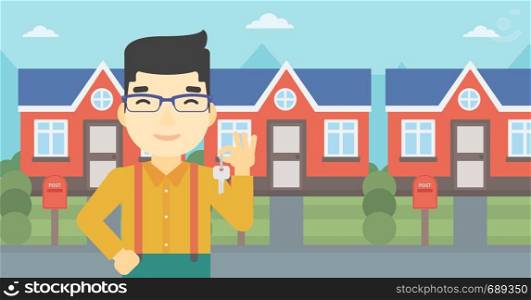 An asian young male real estate agent holding key. Man with keys standing in front of the house. Happy new owner of a house. Vector flat design illustration. Horizontal layout.. Real estate agent with key vector illustration.