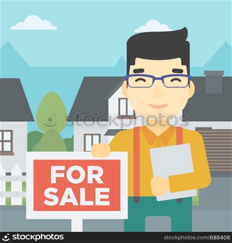 An asian young male real estate agent offering the house. Male broker with placard for sale and documents in hands standing in front of the house. Vector flat design illustration. Square layout.. Real estate agent offering house.
