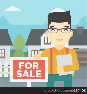 An asian young male real estate agent offering the house. Male broker with placard for sale and documents in hands standing in front of the house. Vector flat design illustration. Square layout.. Real estate agent offering house.