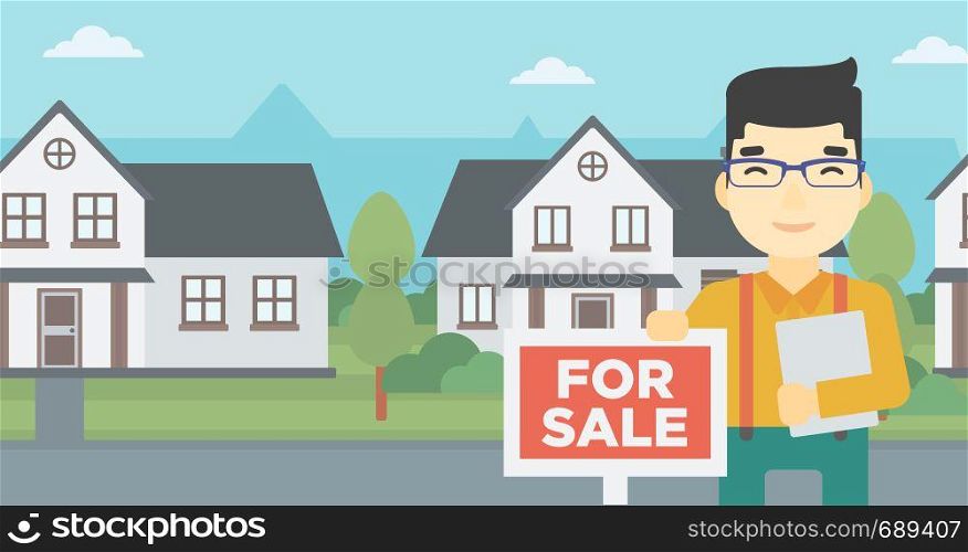 An asian young male real estate agent offering the house. Male broker with placard for sale and documents in hands standing in front of the house. Vector flat design illustration. Horizontal layout.. Real estate agent offering house.