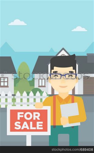 An asian young male real estate agent offering the house. Male broker with placard for sale and documents in hands standing in front of the house. Vector flat design illustration. Vertical layout.. Real estate agent offering house.