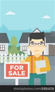 An asian young male real estate agent offering the house. Male broker with placard for sale and documents in hands standing in front of the house. Vector flat design illustration. Vertical layout.. Real estate agent offering house.
