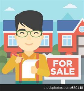 An asian young male real estate agent signing contract. Real estate agent standing in front of the house with placard for sale. Vector flat design illustration. Square layout.. Real estate agent signing contract.