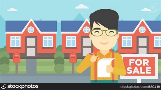 An asian young male real estate agent signing contract. Real estate agent standing in front of the house with placard for sale. Vector flat design illustration. Horizontal layout.. Real estate agent signing contract.