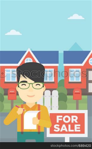 An asian young male real estate agent signing contract. Real estate agent standing in front of the house with placard for sale. Vector flat design illustration. Vertical layout.. Real estate agent signing contract.