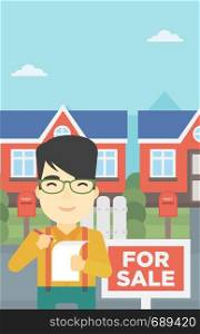 An asian young male real estate agent signing contract. Real estate agent standing in front of the house with placard for sale. Vector flat design illustration. Vertical layout.. Real estate agent signing contract.