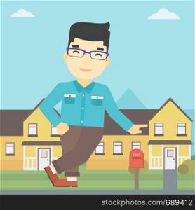An asian young male real estate agent standing near the house. Real estate agent leaning on the house. Real estate agent offering house. Vector flat design illustration. Square layout.. Real estate agent offering house.