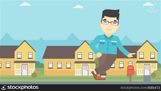 An asian young male real estate agent standing near the house. Real estate agent leaning on the house. Real estate agent offering house. Vector flat design illustration. Horizontal layout.. Real estate agent offering house.