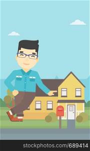 An asian young male real estate agent standing near the house. Real estate agent leaning on the house. Real estate agent offering house. Vector flat design illustration. Vertical layout.. Real estate agent offering house.