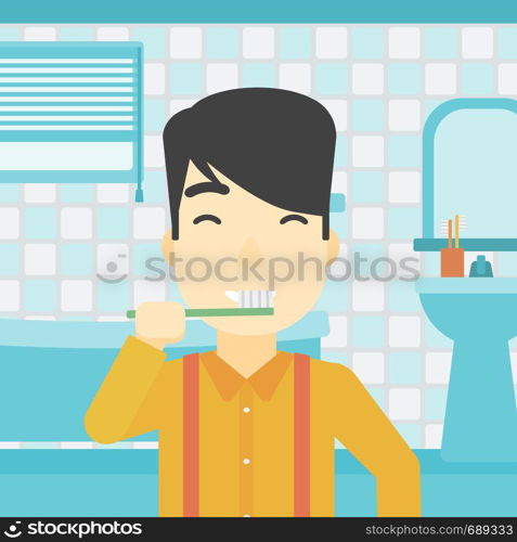 An asian young man brushing his teeth with a toothbrush in bathroom. Smiling man holding toothbrush. Vector flat design illustration. Square layout.. Man brushing teeth vector illustration.