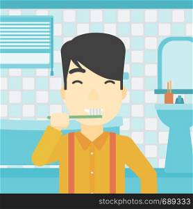 An asian young man brushing his teeth with a toothbrush in bathroom. Smiling man holding toothbrush. Vector flat design illustration. Square layout.. Man brushing teeth vector illustration.