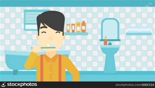 An asian young man brushing his teeth with a toothbrush in bathroom. Smiling man holding toothbrush. Vector flat design illustration. Horizontal layout.. Man brushing teeth vector illustration.