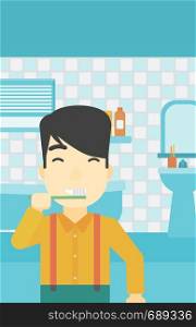 An asian young man brushing his teeth with a toothbrush in bathroom. Smiling man holding toothbrush. Vector flat design illustration. Vertical layout.. Man brushing teeth vector illustration.