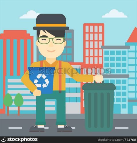 An asian young man carrying recycling bin. Man with recycling bin standing near a trash can on a city background. Vector flat design illustration. Square layout.. Man with recycle bin and trash can.