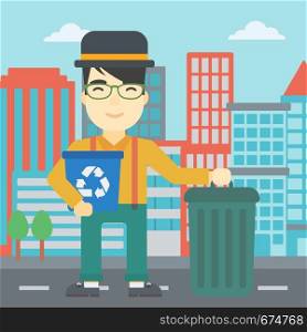 An asian young man carrying recycling bin. Man with recycling bin standing near a trash can on a city background. Vector flat design illustration. Square layout.. Man with recycle bin and trash can.