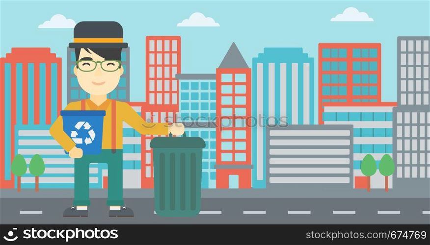 An asian young man carrying recycling bin. Man with recycling bin standing near a trash can on a city background. Vector flat design illustration. Horizontal layout.. Man with recycle bin and trash can.