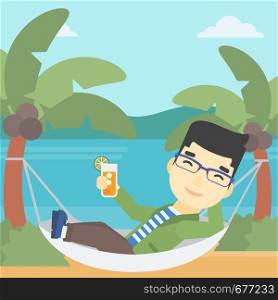 An asian young man chilling in hammock on the beach with a cocktail in a hand. Vector flat design illustration. Square layout.. Man chilling in hammock with cocktail.