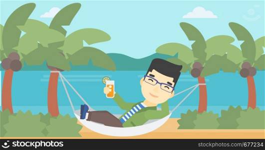 An asian young man chilling in hammock on the beach with a cocktail in a hand. Vector flat design illustration. Horizontal layout.. Man chilling in hammock with cocktail.