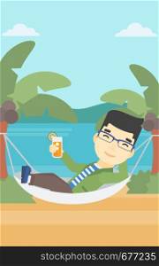 An asian young man chilling in hammock on the beach with a cocktail in a hand. Vector flat design illustration. Vertical layout.. Man chilling in hammock with cocktail.