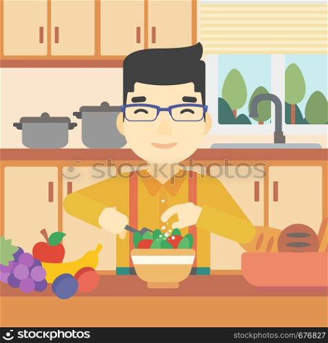 An asian young man cooking vegetable salad on the background of kitchen. Smiling man adding spices in salad. Vector flat design illustration. Square layout.. Man cooking vegetable salad vector illustration.