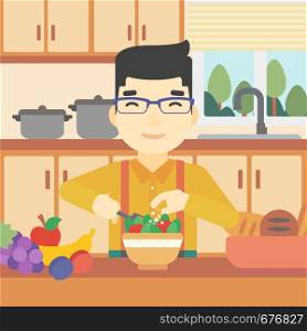An asian young man cooking vegetable salad on the background of kitchen. Smiling man adding spices in salad. Vector flat design illustration. Square layout.. Man cooking vegetable salad vector illustration.