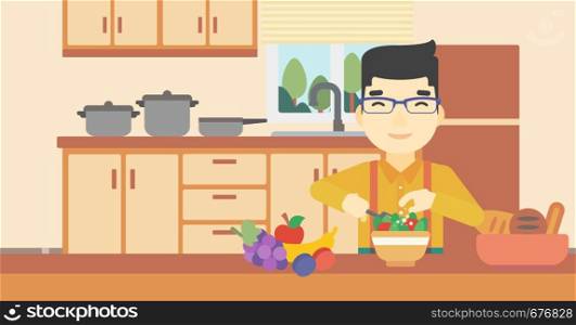An asian young man cooking vegetable salad on the background of kitchen. Smiling man adding spices in salad. Vector flat design illustration. Horizontal layout.. Man cooking vegetable salad vector illustration.