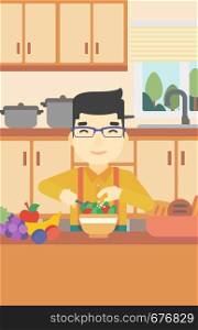 An asian young man cooking vegetable salad on the background of kitchen. Smiling man adding spices in salad. Vector flat design illustration. Vertical layout.. Man cooking vegetable salad vector illustration.