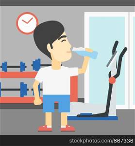 An asian young man drinking water. Sportive man with bottle of water in the gym. Sportsman drinking water from the bottle. Vector flat design illustration. Square layout.. Sportive man drinking water vector illustration.