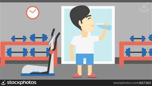 An asian young man drinking water. Sportive man with bottle of water in the gym. Sportsman drinking water from the bottle. Vector flat design illustration. Horizontal layout. Sportive man drinking water vector illustration.
