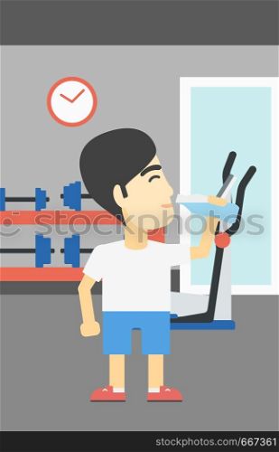 An asian young man drinking water. Sportive man with bottle of water in the gym. Sportsman drinking water from the bottle. Vector flat design illustration. Vertical layout.. Sportive man drinking water vector illustration.