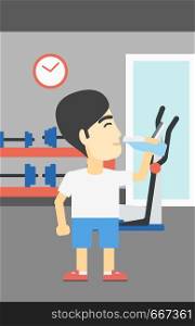 An asian young man drinking water. Sportive man with bottle of water in the gym. Sportsman drinking water from the bottle. Vector flat design illustration. Vertical layout.. Sportive man drinking water vector illustration.
