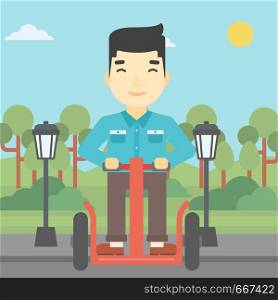 An asian young man driving electric scooter. Man on self-balancing electric scooter with two wheels. Man on electric scooter in the park. Vector flat design illustration. Square layout.. Man driving electric scooter vector illustration.