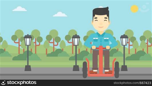An asian young man driving electric scooter. Man on self-balancing electric scooter with two wheels. Man on electric scooter in the park. Vector flat design illustration. Horizontal layout. Man driving electric scooter vector illustration.
