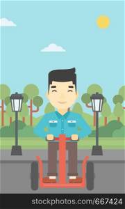 An asian young man driving electric scooter. Man on self-balancing electric scooter with two wheels. Man on electric scooter in the park. Vector flat design illustration. Vertical layout.. Man driving electric scooter vector illustration.