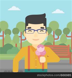 An asian young man eating a big ice cream. Happy man holding an ice cream in hand. Man enjoying an ice cream at park. Vector flat design illustration. Square layout.. Man eating ice cream vector illustration.