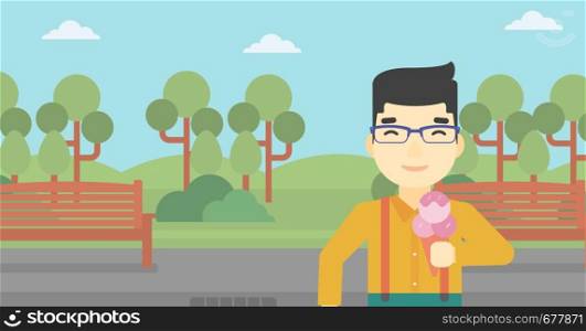 An asian young man eating a big ice cream. Happy man holding an ice cream in hand. Man enjoying an ice cream at park. Vector flat design illustration. Horizontal layout.. Man eating ice cream vector illustration.