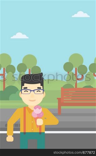An asian young man eating a big ice cream. Happy man holding an ice cream in hand. Man enjoying an ice cream at park. Vector flat design illustration. Vertical layout.. Man eating ice cream vector illustration.