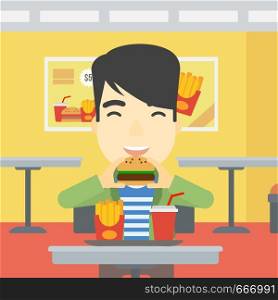 An asian young man eating hamburger. Happy man with eyes closed biting hamburger. Man is about to eat delicious hamburger in the cafe. Vector flat design illustration. Square layout.. Man eating hamburger vector illustration.