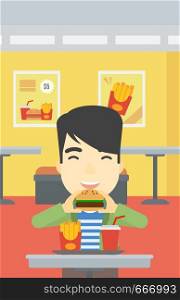 An asian young man eating hamburger. Happy man with eyes closed biting hamburger. Man is about to eat delicious hamburger in the cafe. Vector flat design illustration. Vertical layout.. Man eating hamburger vector illustration.